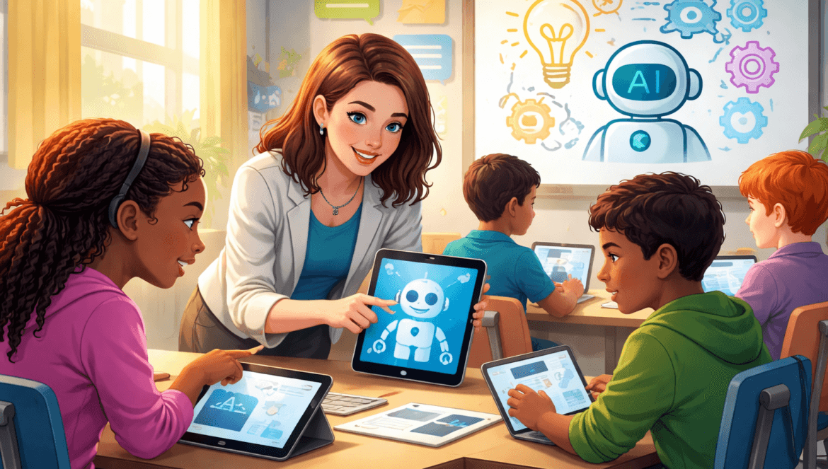 A teacher introduces AI in the Classroom by showing a robot on a tablet to diverse students. Other children use tablets, while a whiteboard displays AI and technology icons. Sunlight streams through the window.
