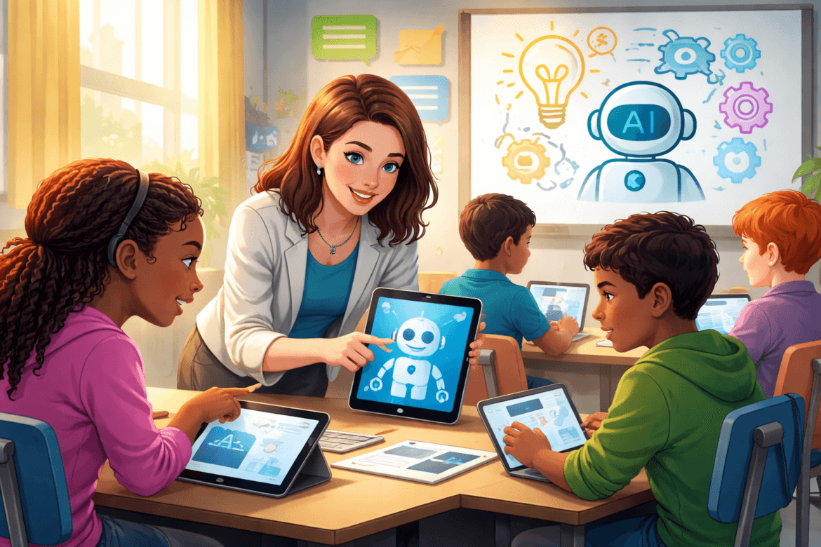 A teacher introduces AI in the Classroom by showing a robot on a tablet to diverse students. Other children use tablets, while a whiteboard displays AI and technology icons. Sunlight streams through the window.