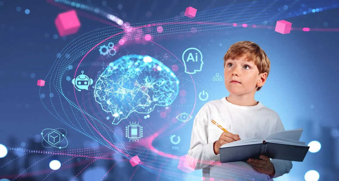 A boy holding a notebook and pencil looks up, with digital graphics of a brain, AI icons, and circuits in the background, suggesting artificial intelligence and learning.