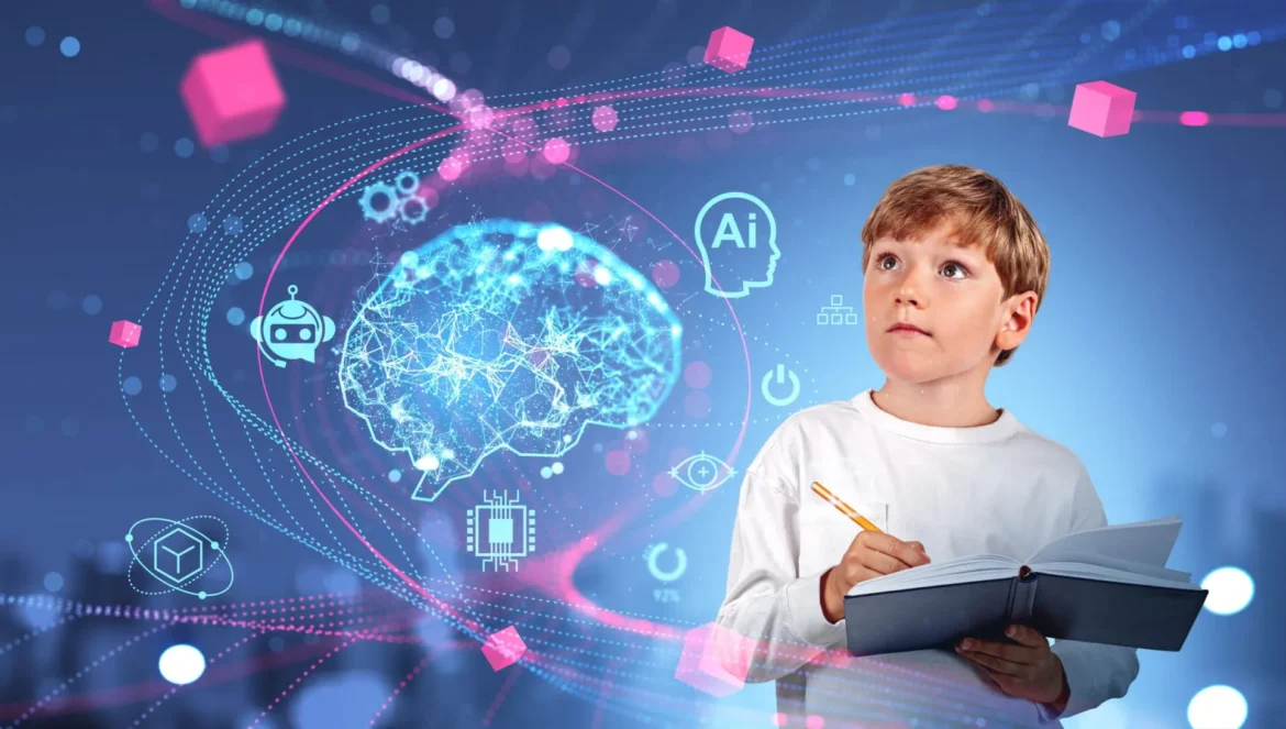 A boy holding a notebook and pencil looks up, with digital graphics of a brain, AI icons, and circuits in the background, suggesting artificial intelligence and learning.