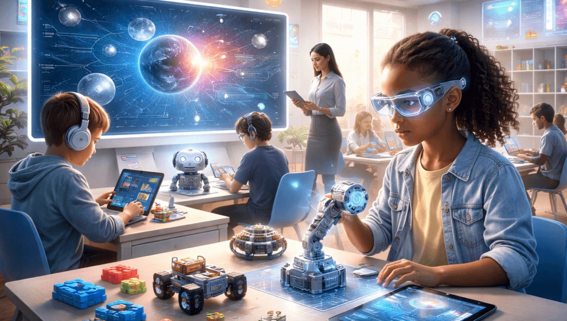 In a CES 2026-inspired classroom, children use tablets, VR glasses, and robots to learn. A large digital display shows a solar system as the teacher oversees students working with advanced tech and interactive tools at their desks.