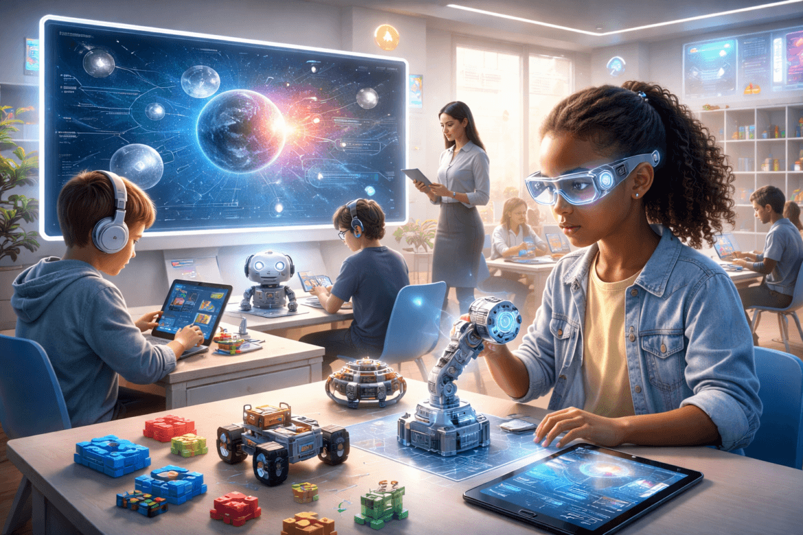In a CES 2026-inspired classroom, children use tablets, VR glasses, and robots to learn. A large digital display shows a solar system as the teacher oversees students working with advanced tech and interactive tools at their desks.