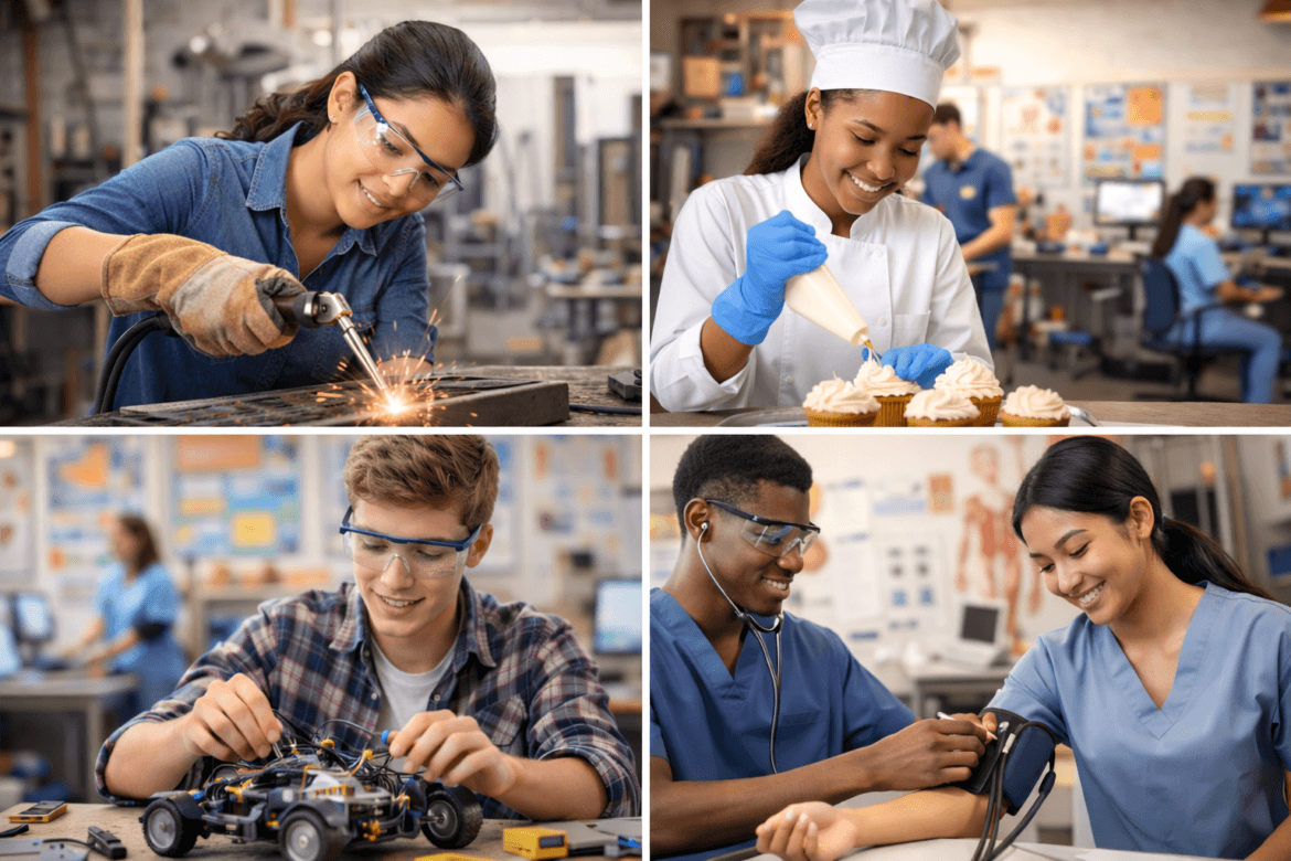 A collage of students engaged in career and technical education: welding, culinary arts, robotics engineering, and a medical examination in a classroom or workshop setting.