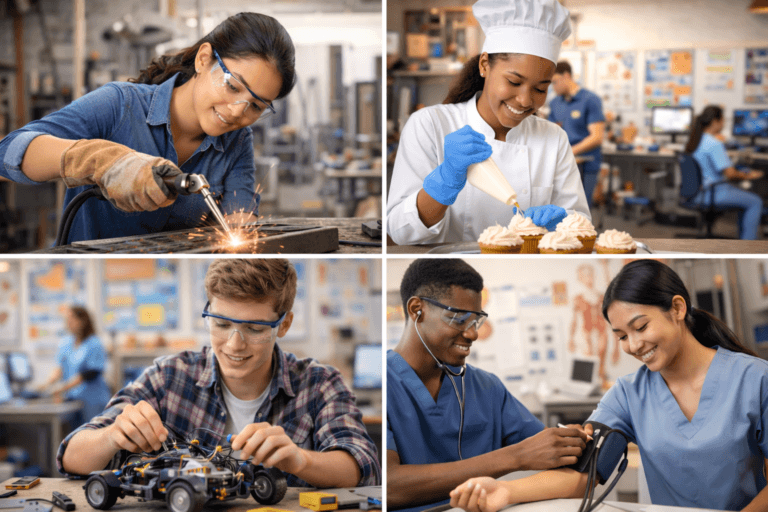 A collage of students engaged in career and technical education: welding, culinary arts, robotics engineering, and a medical examination in a classroom or workshop setting.