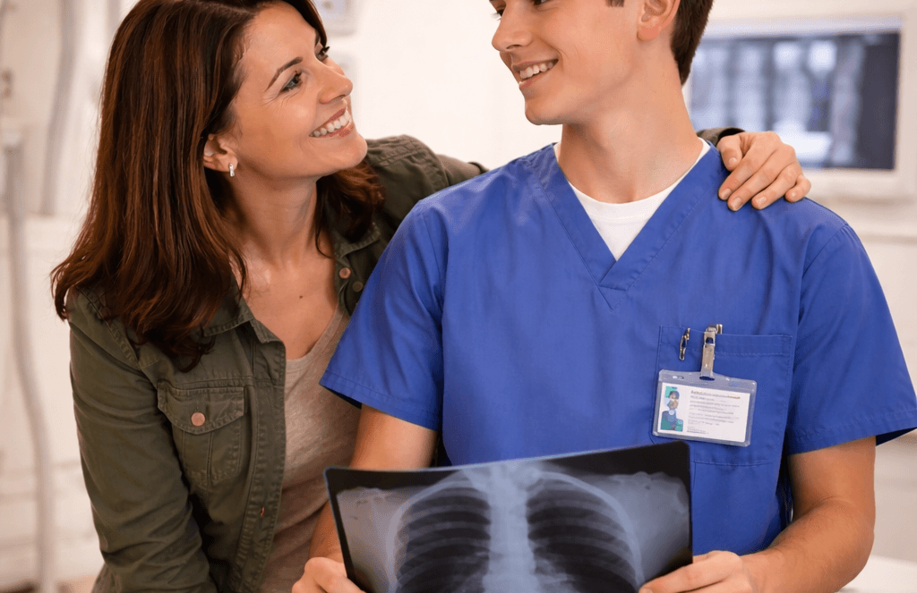 A woman smiles and stands next to a young man in blue scrubs holding a chest X-ray, highlighting Career and Technical Education Through a Parent’s Eyes in a medical setting.