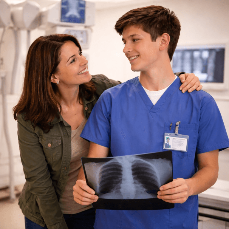A woman smiles and stands next to a young man in blue scrubs holding a chest X-ray, highlighting Career and Technical Education Through a Parent’s Eyes in a medical setting.