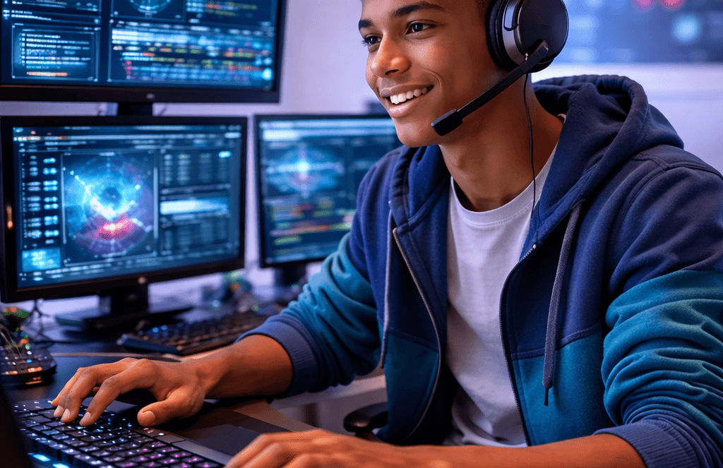 A young person wearing a headset sits at a desk with multiple monitors displaying code and graphics, typing on a keyboard, embodying Career and Technical Education Through a Student’s Eyes—engaged and focused on hands-on learning.
