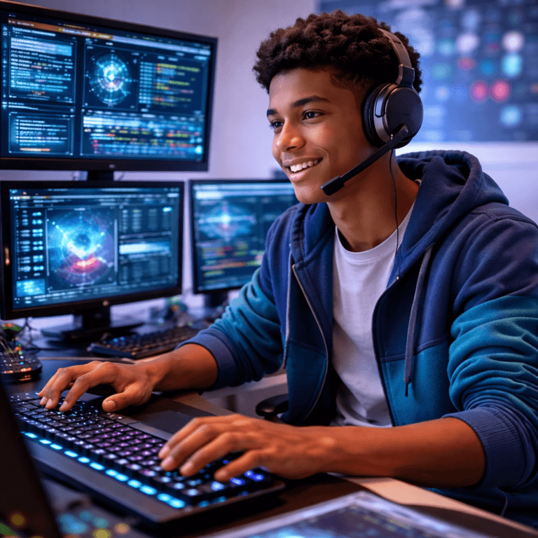 A young person wearing a headset sits at a desk with multiple monitors displaying code and graphics, typing on a keyboard, embodying Career and Technical Education Through a Student’s Eyes—engaged and focused on hands-on learning.