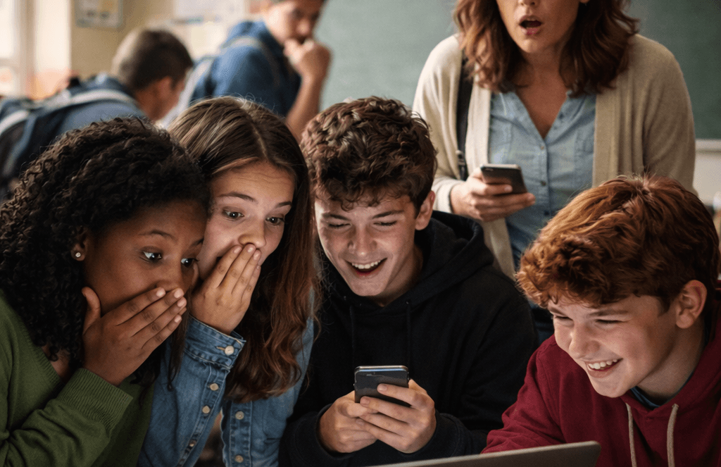 Four surprised and amused teenagers look at a phone and laptop in a classroom, discovering Deepfakes in Schools, while a concerned teacher stands behind them, holding her phone and watching their reactions. Other students are blurred in the background.