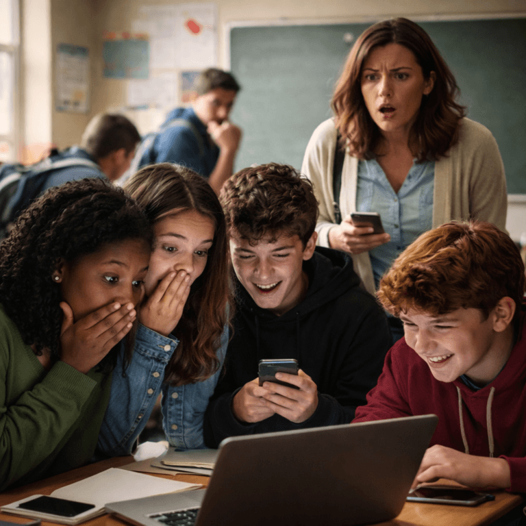 Four surprised and amused teenagers look at a phone and laptop in a classroom, discovering Deepfakes in Schools, while a concerned teacher stands behind them, holding her phone and watching their reactions. Other students are blurred in the background.