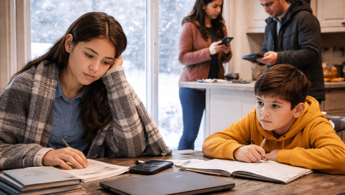 Two children sit at a table doing homework with books and a laptop, highlighting digital equity, while two adults stand in the background using their phones in a kitchen.