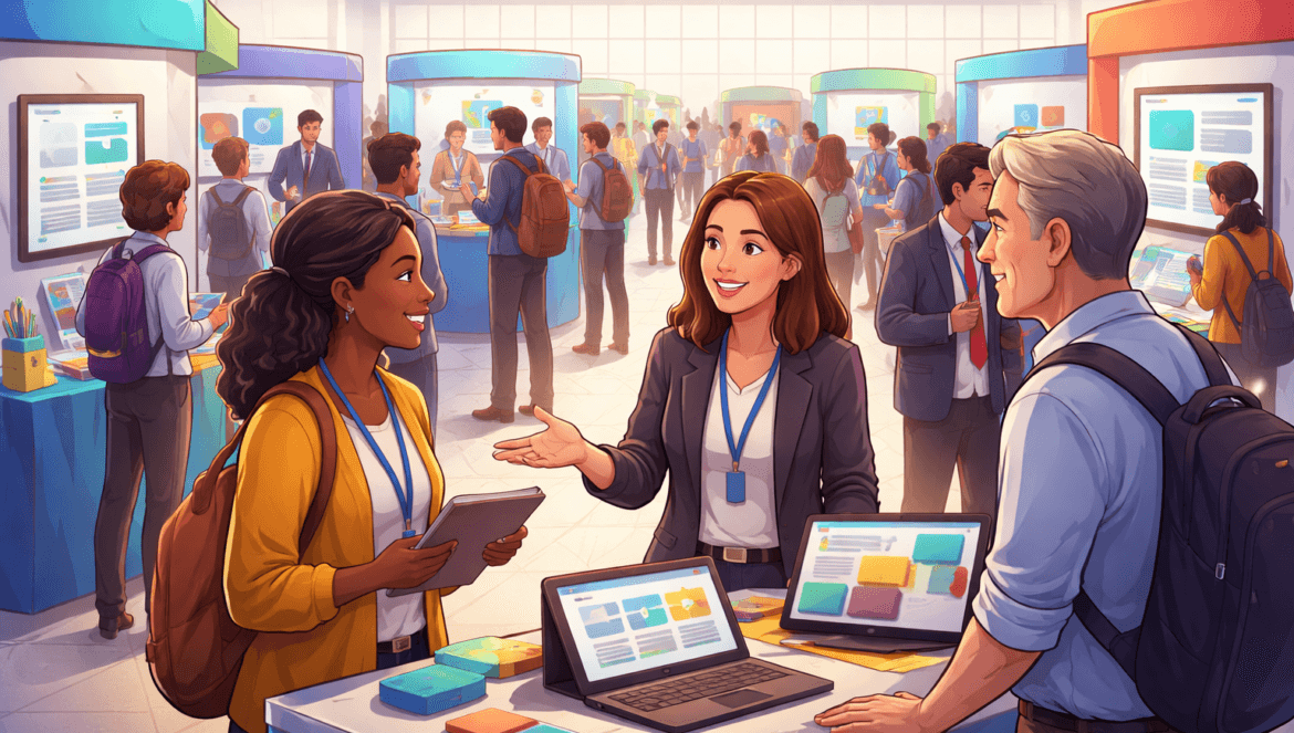 People interact around display tables with laptops and posters at a busy exhibition or conference, where Education Vendors showcase resources in a brightly lit indoor venue.