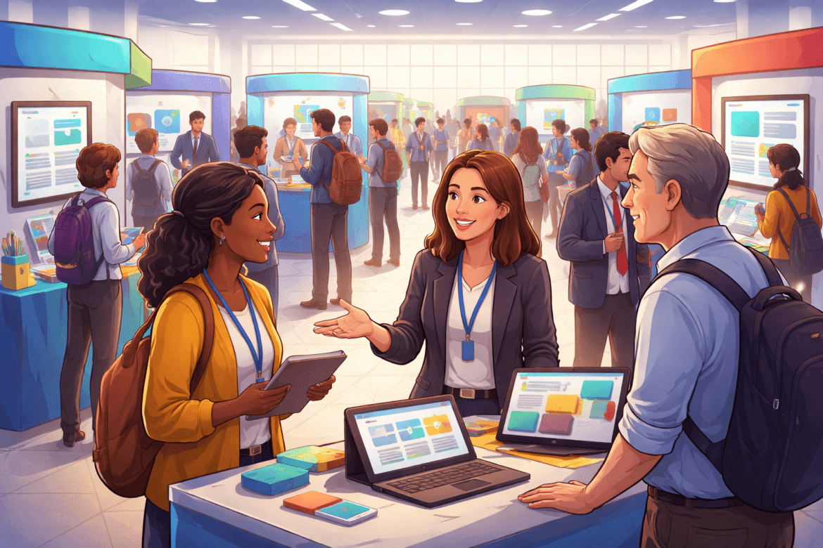 People interact around display tables with laptops and posters at a busy exhibition or conference, where Education Vendors showcase resources in a brightly lit indoor venue.