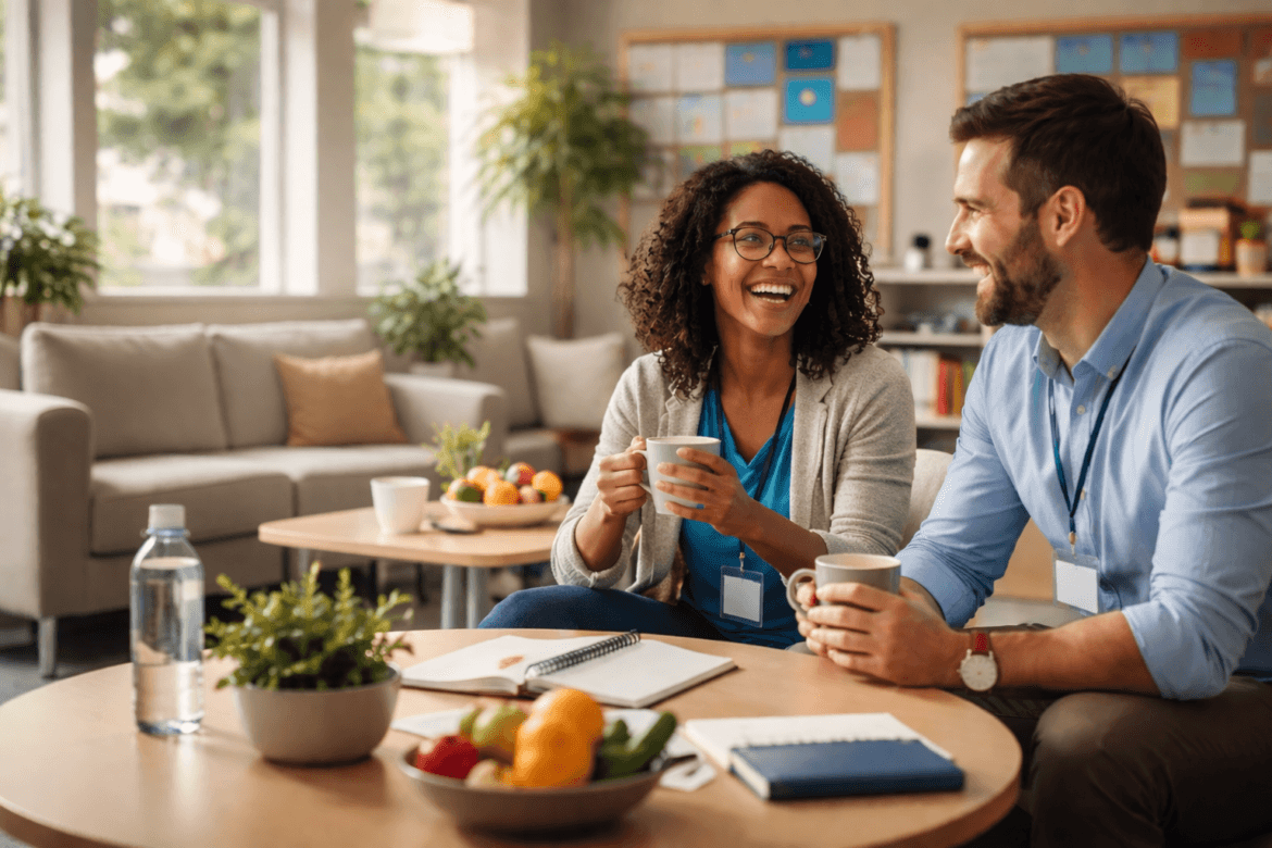 Two colleagues sit at a table in a casual office setting, smiling and talking over mugs—a scene that reflects educator wellness. The table holds notebooks, fruit, and a water bottle, with sofas, plants, and bulletin boards in the background.