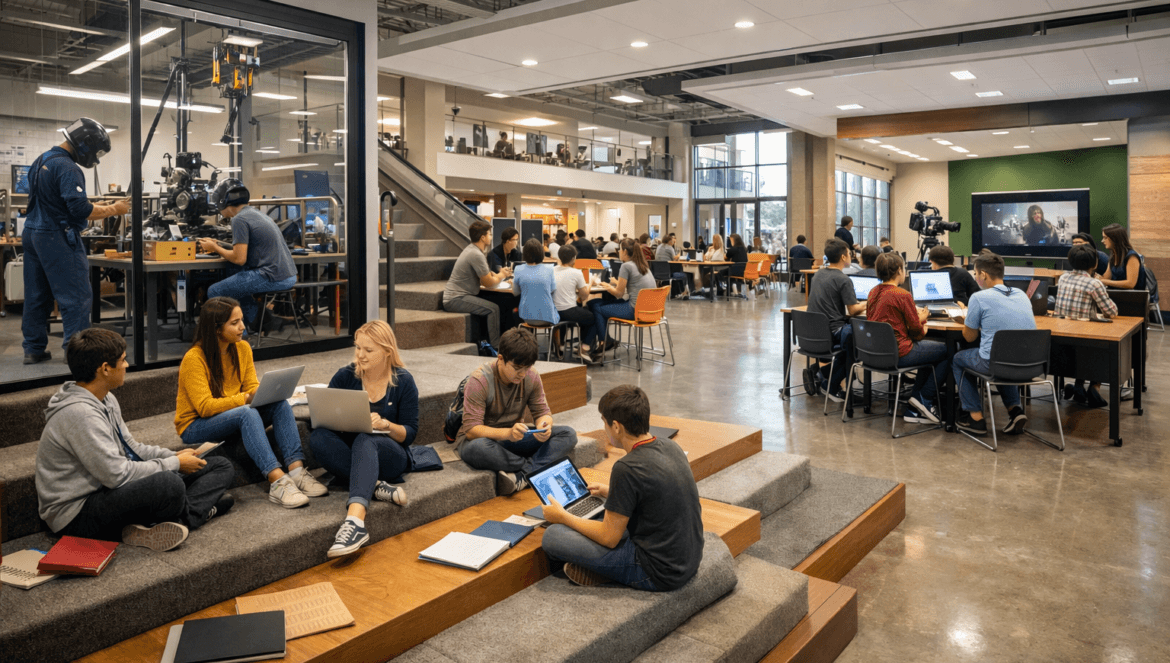 A modern, open-plan workspace with groups of people collaborating, using laptops and tablets. This flexible and future-ready environment features tiered steps, shared tables, and a large window revealing a workshop area in the background.