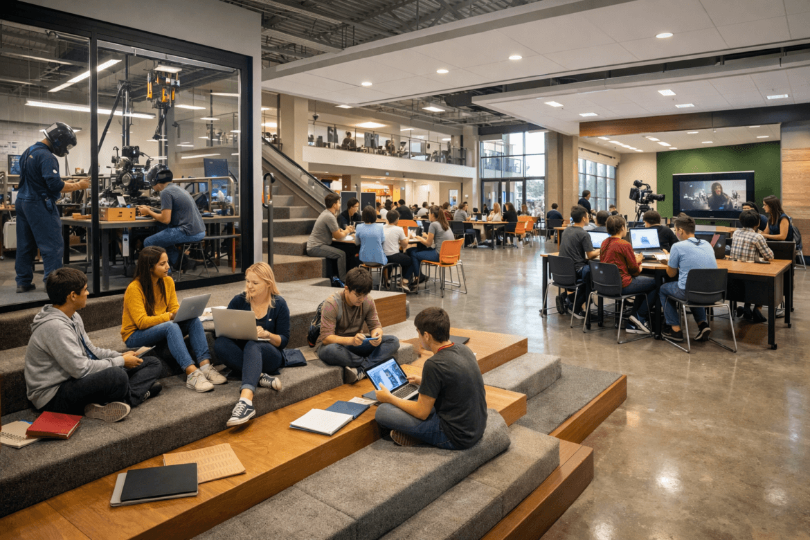 A modern, open-plan workspace with groups of people collaborating, using laptops and tablets. This flexible and future-ready environment features tiered steps, shared tables, and a large window revealing a workshop area in the background.