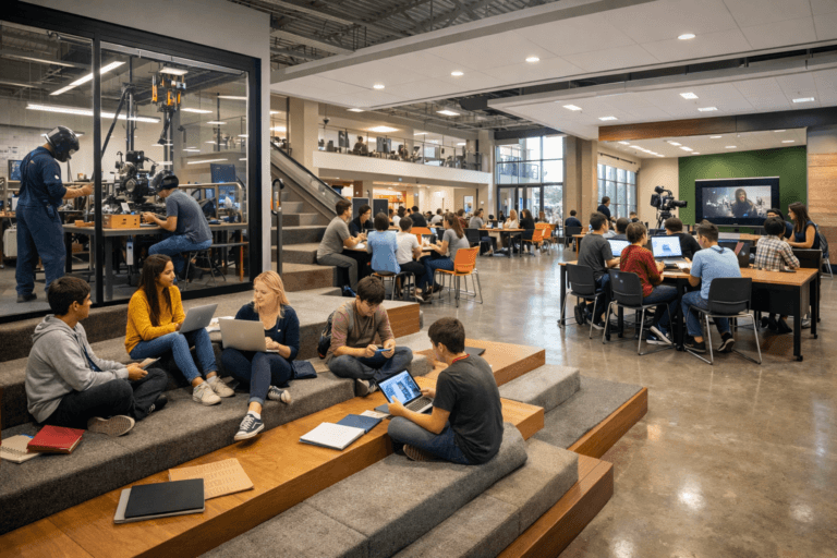 A modern, open-plan workspace with groups of people collaborating, using laptops and tablets. This flexible and future-ready environment features tiered steps, shared tables, and a large window revealing a workshop area in the background.