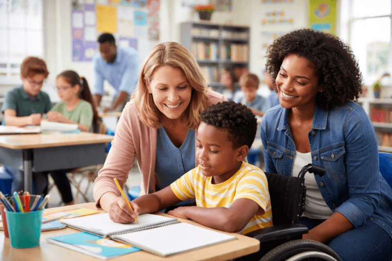 A young boy in a wheelchair sits at a classroom desk smiling as a teacher and another adult woman help him with his work reflecting the supportive environment encouraged by IDEA Other students and a teacher are visible in the bright busy classroom background