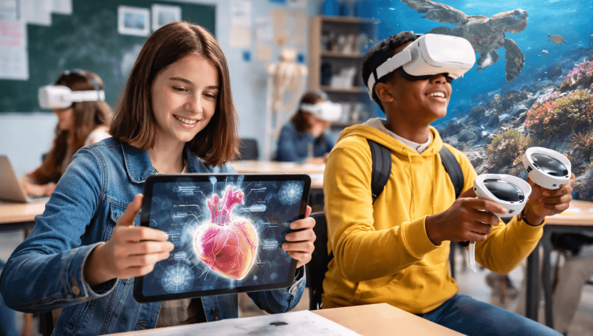 Students in a classroom engage in immersive learning; one girl holds a tablet displaying a 3D heart model, while a boy wears a VR headset, exploring an underwater scene with a sea turtle using controllers.