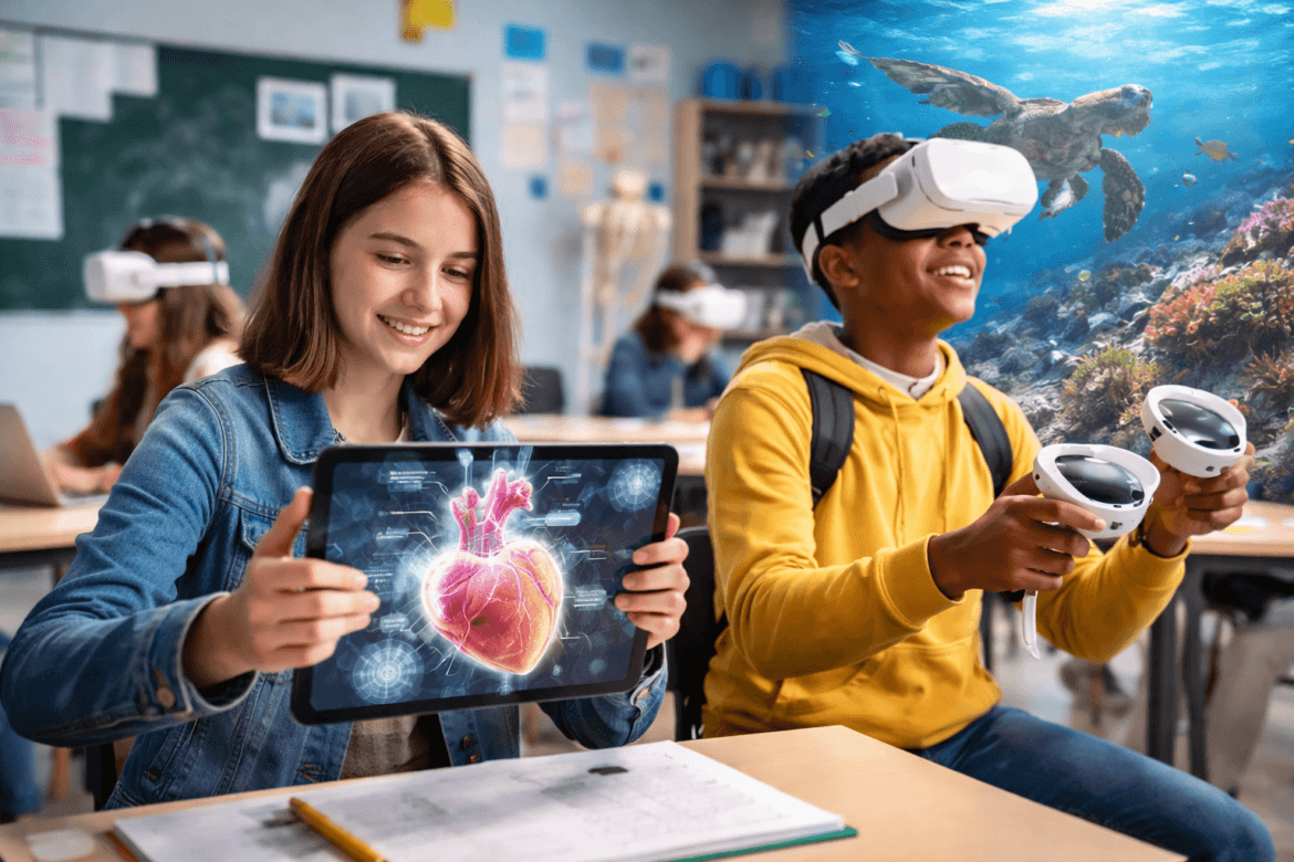 Students in a classroom engage in immersive learning; one girl holds a tablet displaying a 3D heart model, while a boy wears a VR headset, exploring an underwater scene with a sea turtle using controllers.