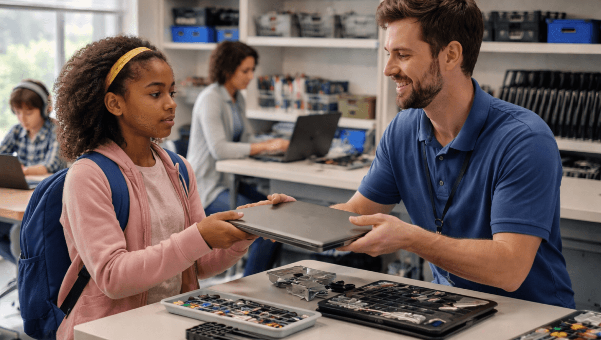 A teacher hands a closed laptop to a student in a classroom, illustrating K–12 device repair models. The student, wearing a backpack, stands by a table with electronics and tools while other students work in the background.