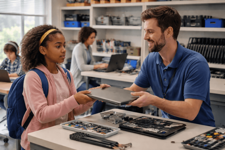 A teacher hands a closed laptop to a student in a classroom, illustrating K–12 device repair models. The student, wearing a backpack, stands by a table with electronics and tools while other students work in the background.