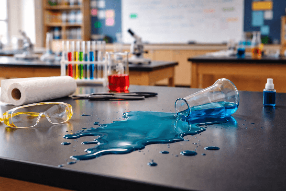 A spilled beaker of blue liquid on a science lab table highlights the importance of learning from near misses in schools, with safety goggles, paper towels, test tubes, and microscopes visible in the background.