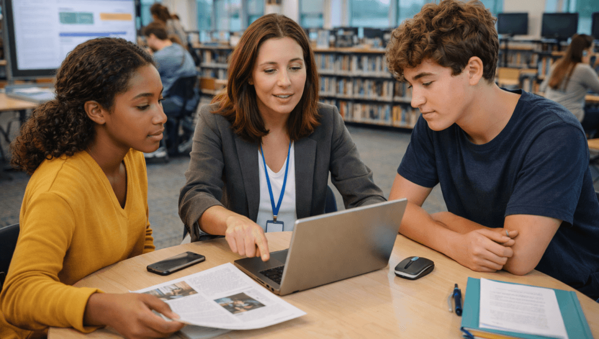 A teacher promotes media literacy in schools by helping two students with an assignment at a library table, using a laptop and printed papers.