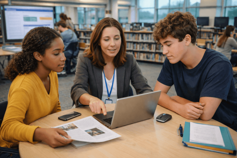 A teacher promotes media literacy in schools by helping two students with an assignment at a library table, using a laptop and printed papers.