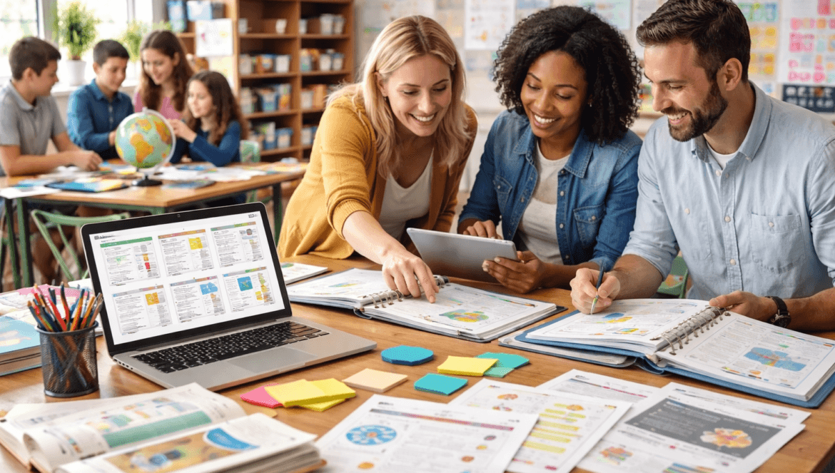 Three teachers sit at a table, smiling and collaborating with books, a tablet, and a laptop. Open Educational Resources and colorful materials are spread out, while students work together in the background classroom.