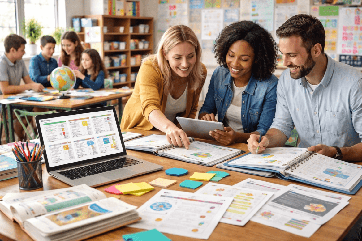 Three teachers sit at a table, smiling and collaborating with books, a tablet, and a laptop. Open Educational Resources and colorful materials are spread out, while students work together in the background classroom.