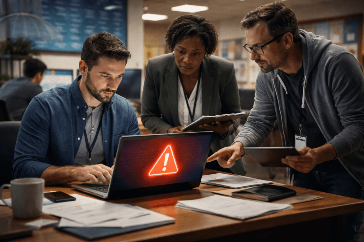 Three people look at a laptop displaying a red warning symbol, appearing focused and concerned as they work together on a potential Phishing Incident Response in an office setting.