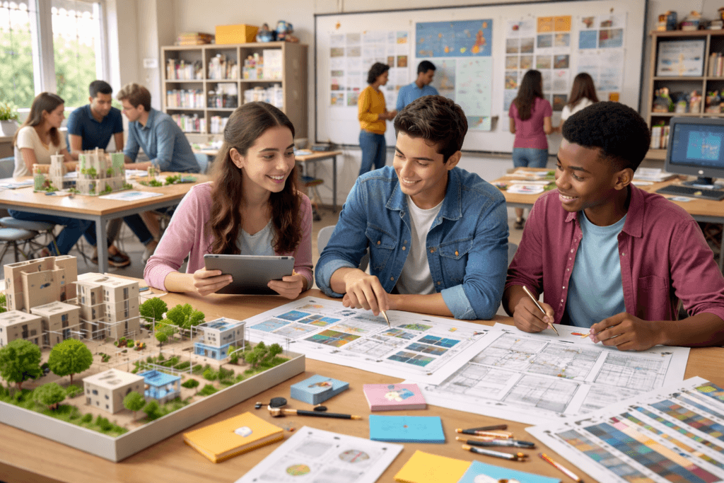 Three students sit at a table with architectural models blueprints and color swatches discussing a project Other students work in groups in a bright creative classroom filled with posters and models | edCircuit Three students sit at a table with architectural models blueprints and color swatches discussing a project Other students work in groups in a bright creative classroom filled with posters and models