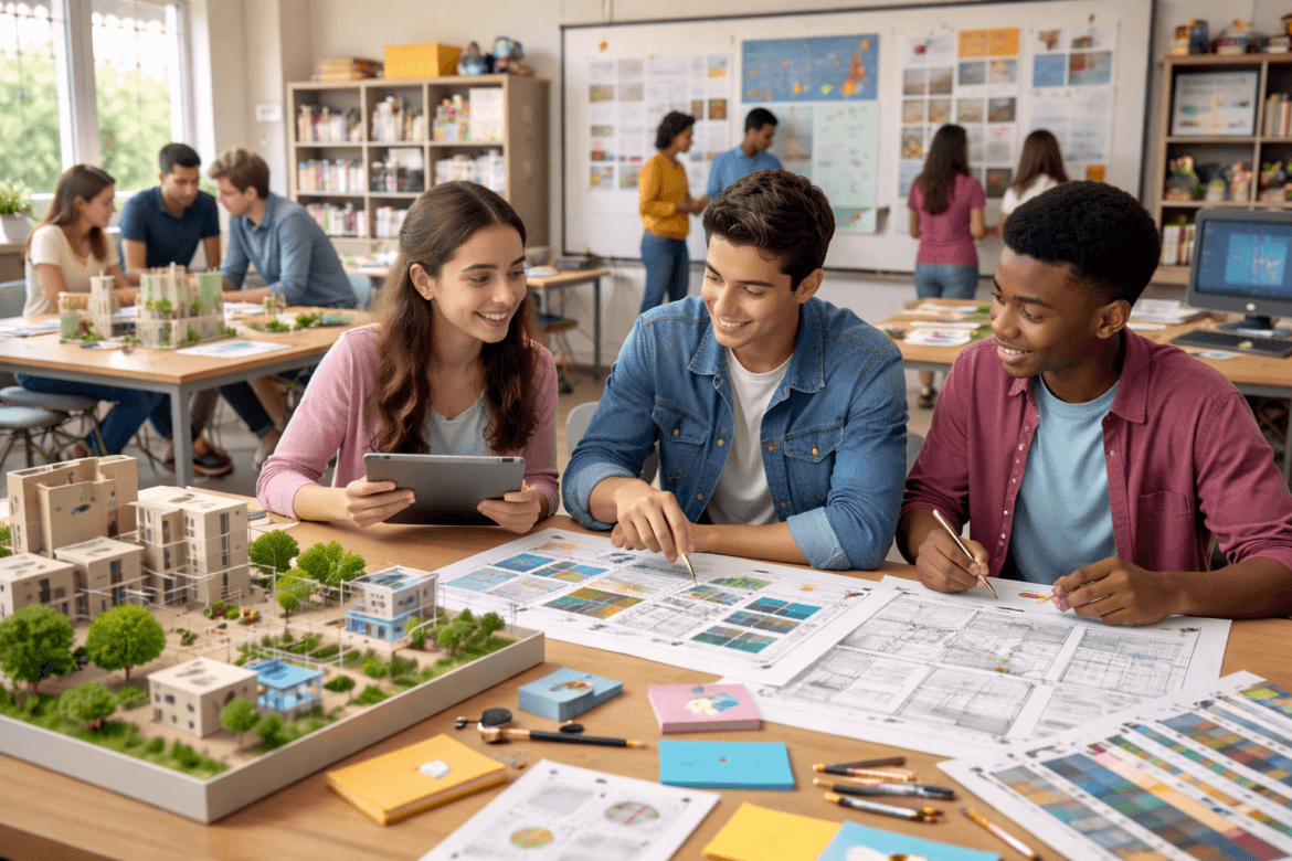 Three students sit at a table with architectural models, blueprints, and color swatches, discussing a project. Other students work in groups in a bright, creative classroom filled with posters and models.