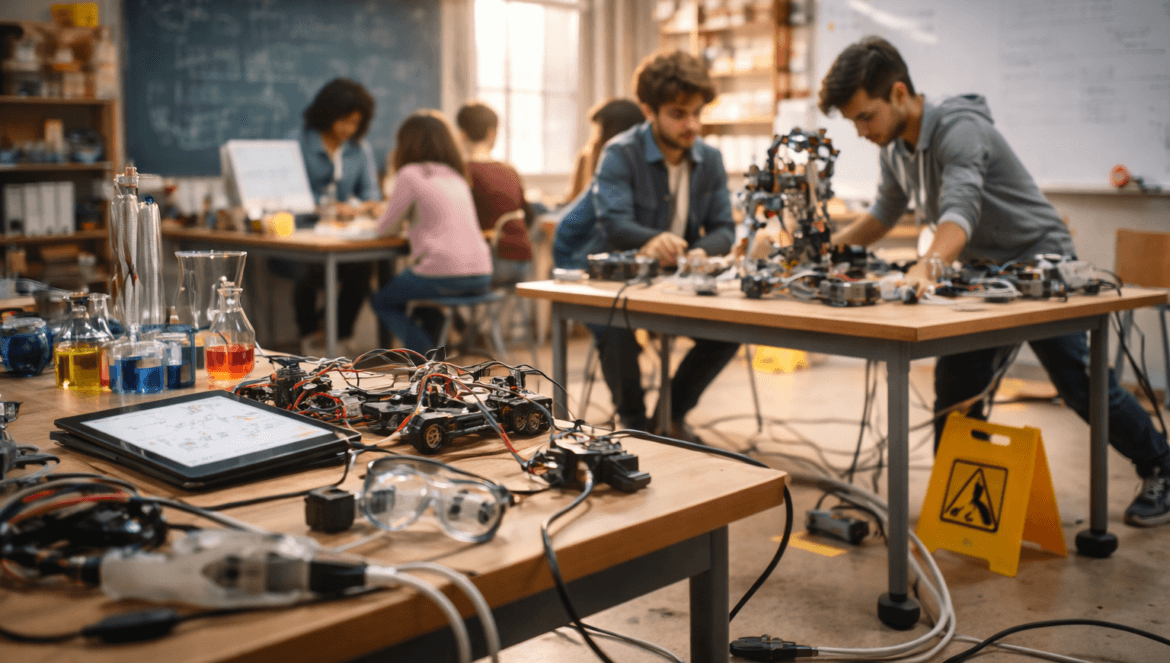 Students work in a classroom on robotics and electronics projects, surrounded by components, tools, and scientific equipment. A Safer STEM approach is highlighted by the visible caution sign on the floor.