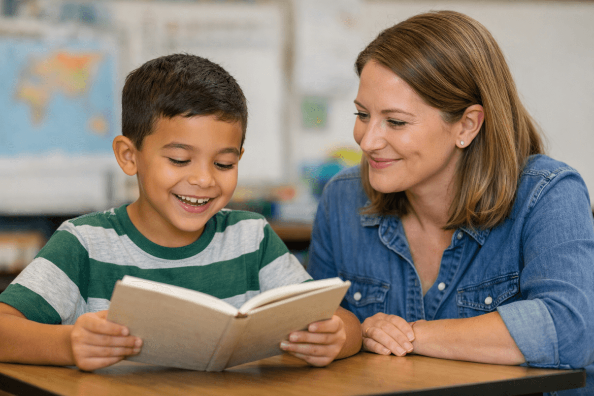 A young boy in a striped shirt reads a book at a desk while a smiling woman sits beside him, encouraging him with methods from the science of reading. The background is a classroom with blurred maps and a whiteboard.