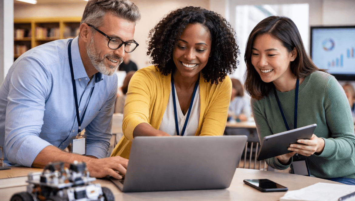 Three emerging edtech leaders collaborate around a laptop, with one person holding a tablet and a small robotic device visible on the table in front of them.