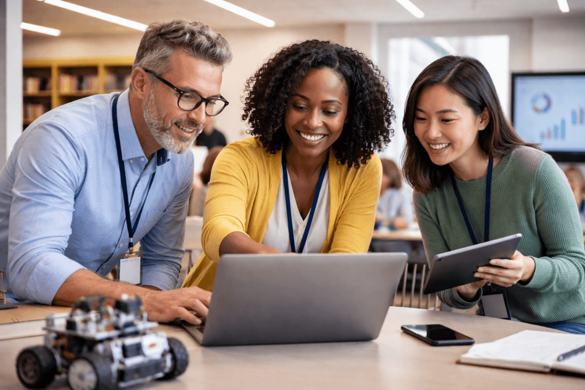 Three emerging edtech leaders collaborate around a laptop, with one person holding a tablet and a small robotic device visible on the table in front of them.