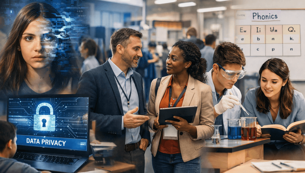 A collage showing data privacy, a female student, two educators talking, and students conducting a science experiment in a classroom—capturing the stories that matter in education today.