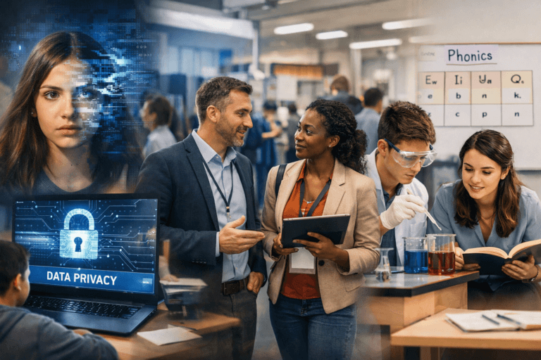 A collage showing data privacy, a female student, two educators talking, and students conducting a science experiment in a classroom—capturing the stories that matter in education today.