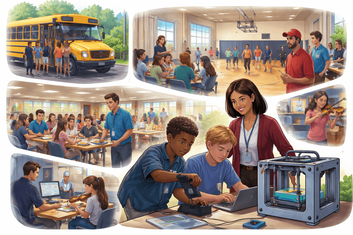 Students participate in various school activities, where staff uphold their duty of care—from arriving by bus and eating lunch to gym class, playing music, working with a teacher, using a drill, and operating a 3D printer.