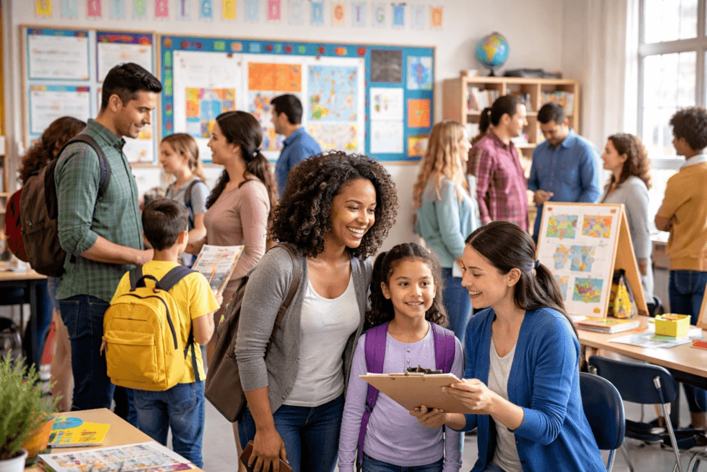Parents and children interact with teachers and view student artwork during an open house event in a brightly lit classroom showcasing the benefits of School Choice