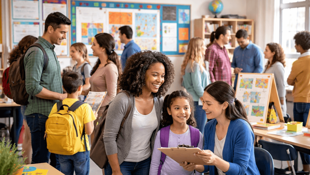 Parents and children interact with teachers and view student artwork during an open house event in a brightly lit classroom, showcasing the benefits of School Choice.