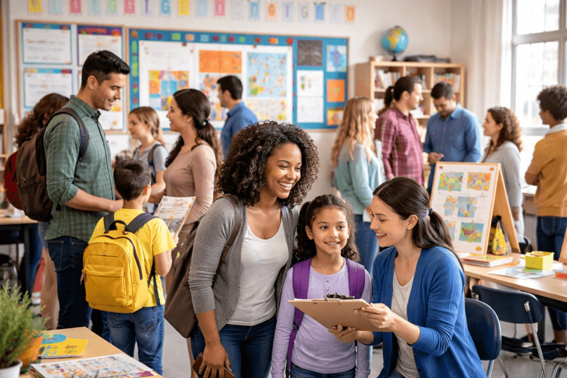 Parents and children interact with teachers and view student artwork during an open house event in a brightly lit classroom, showcasing the benefits of School Choice.