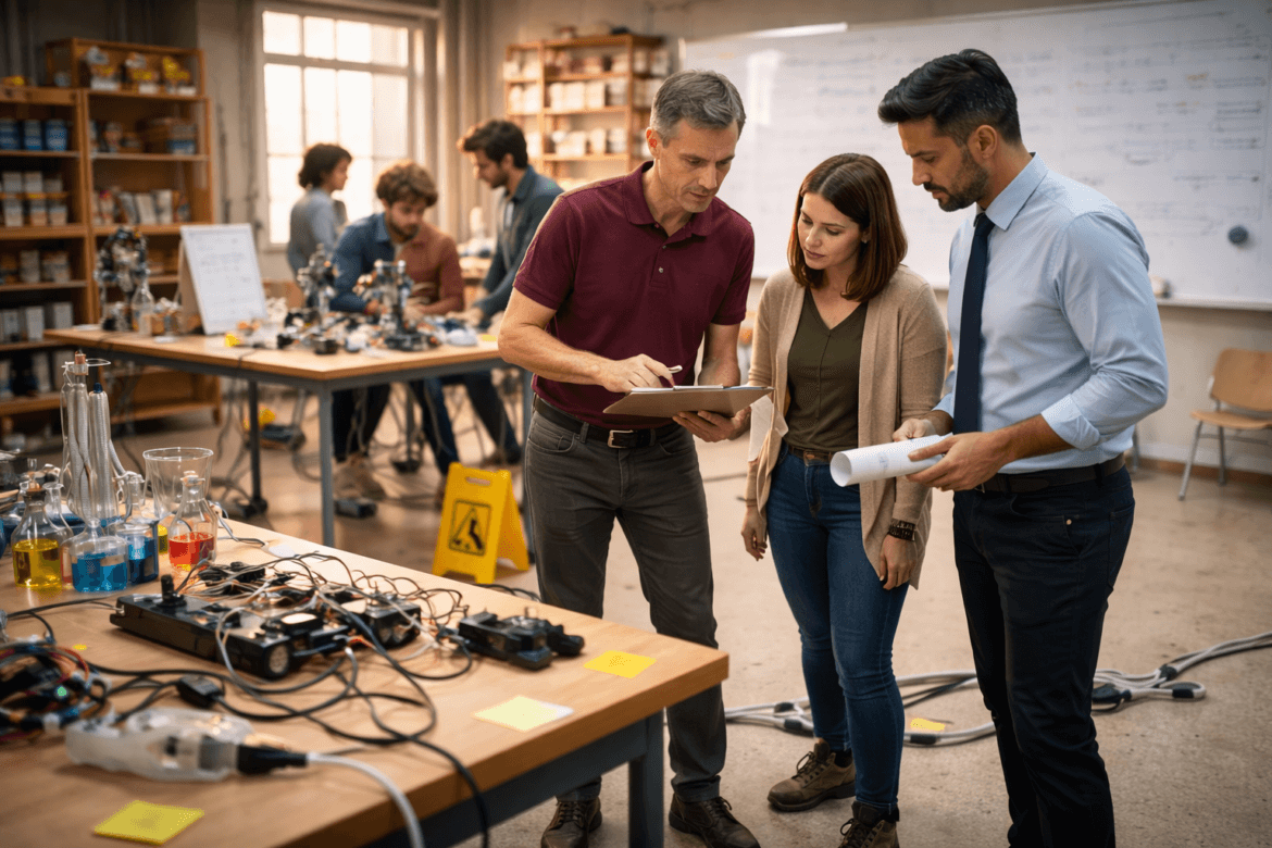 Three adults review documents in a science lab, surrounded by equipment and experiments; as others work near a whiteboard, they discuss protocols—demonstrating that everyone plays a role in answering the question: who owns safety?.