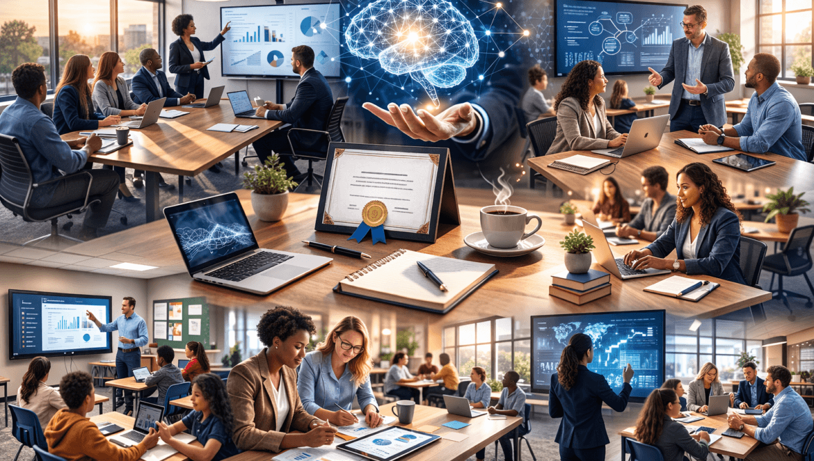 Collage of business professionals in meetings, analyzing graphs, collaborating in office settings, with a central image of a digital brain graphic symbolizing data, AI technology, and the impact of AI Certification for Educators.