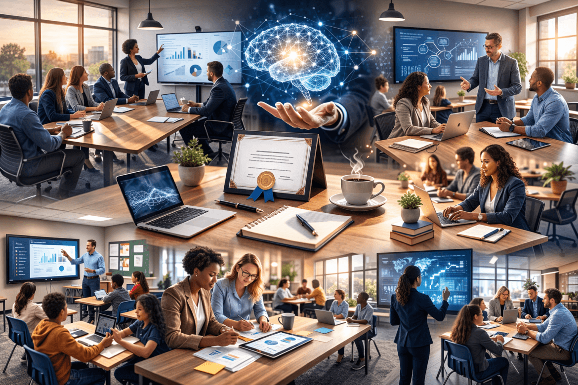 Collage of business professionals in meetings, analyzing graphs, collaborating in office settings, with a central image of a digital brain graphic symbolizing data, AI technology, and the impact of AI Certification for Educators.
