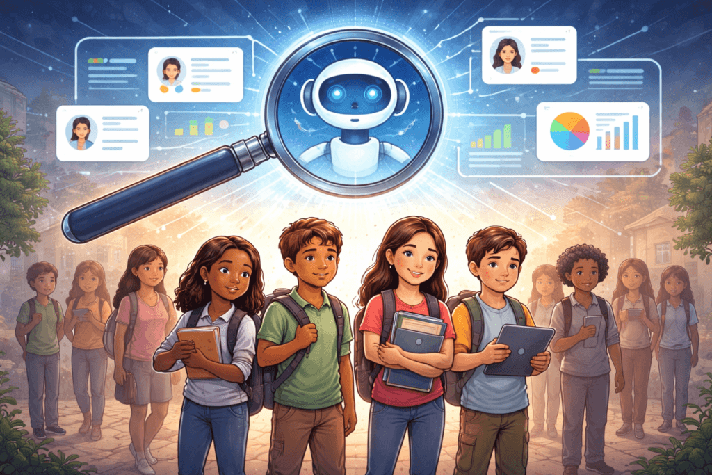 A group of students stand outdoors with books and tablets while a digital interface above shows a magnifying glass highlighting how AI can help close achievement gaps in education through data charts robot icons and student profiles