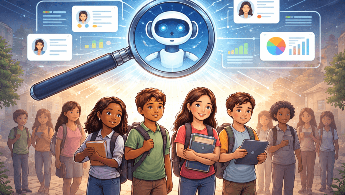 A group of students stand outdoors with books and tablets, while a digital interface above shows a magnifying glass highlighting how AI can help close achievement gaps in education through data charts, robot icons, and student profiles.