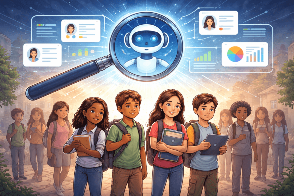 A group of students stand outdoors with books and tablets, while a digital interface above shows a magnifying glass highlighting how AI can help close achievement gaps in education through data charts, robot icons, and student profiles.